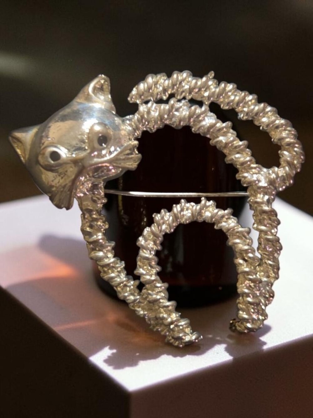 Vintage Silver Cat Brooch — Arched Back & Puffed Tail 1.5" x 2" • Silver Tone •